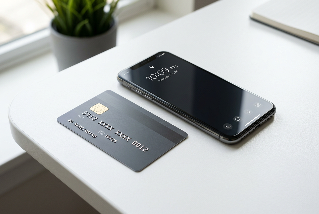 Štýlové usporiadanie platobnej karty a smartfónu s jemným podsvietením