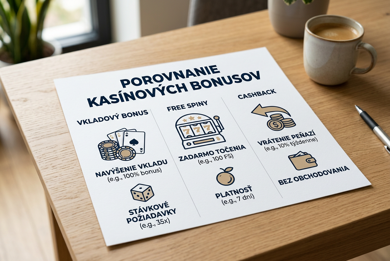 Prehľadná infografika porovnávajúca rôzne typy kasínových bonusov